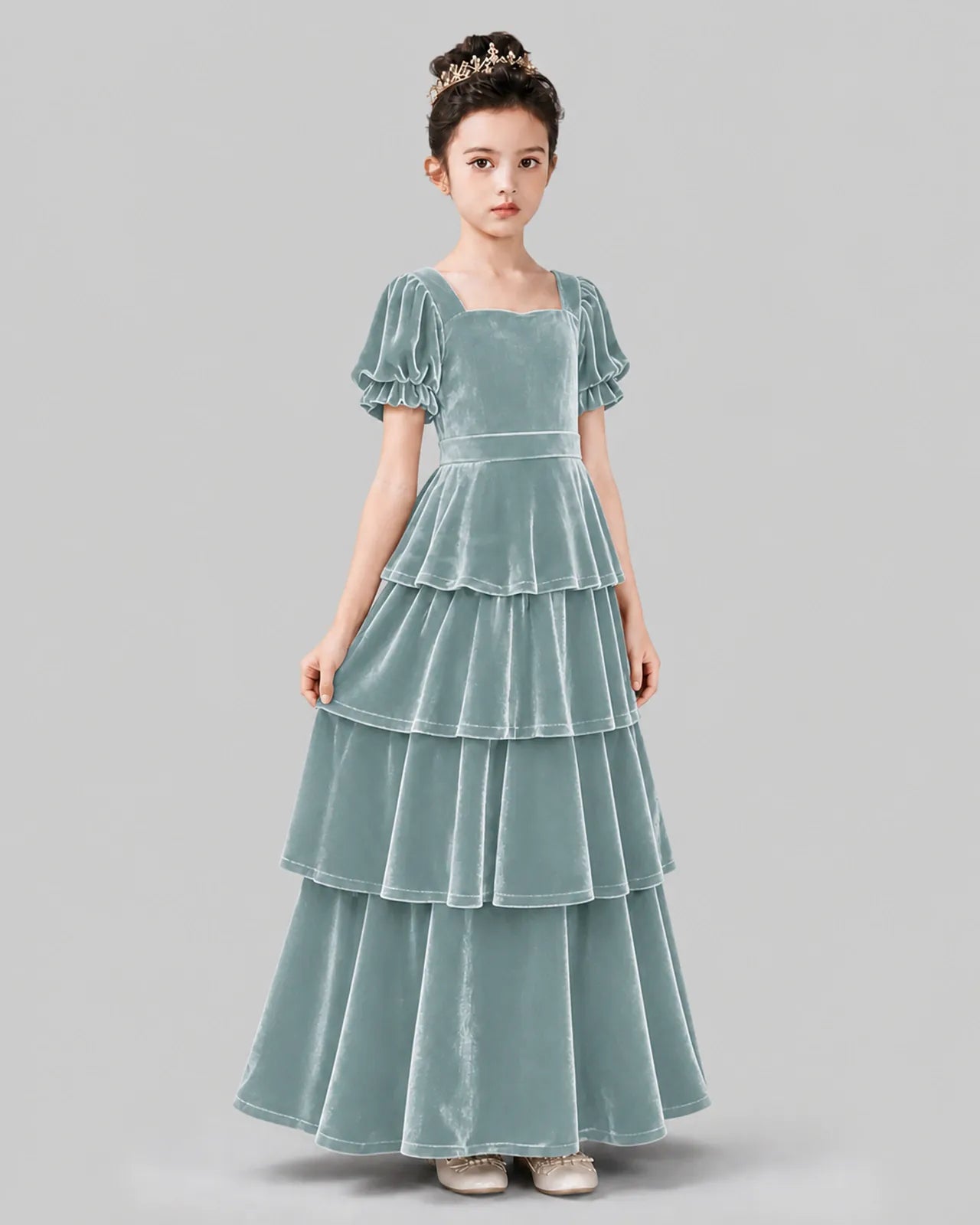Dusty Blue Velvet A-line Girls Formal Dress Side View