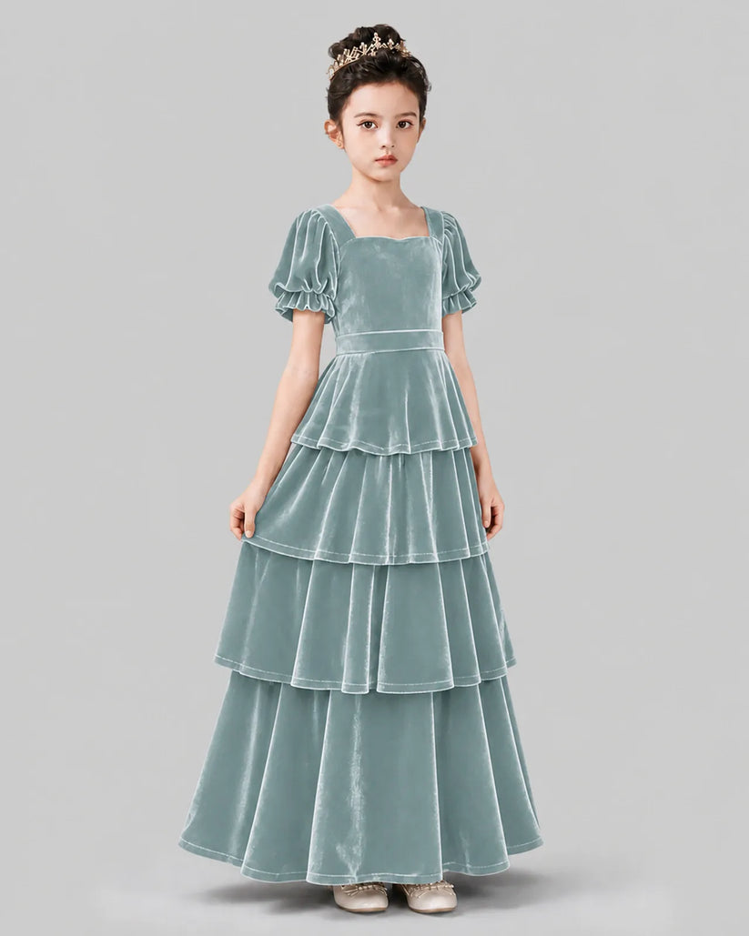 Dusty Blue Velvet A-line Girls Formal Dress Side View