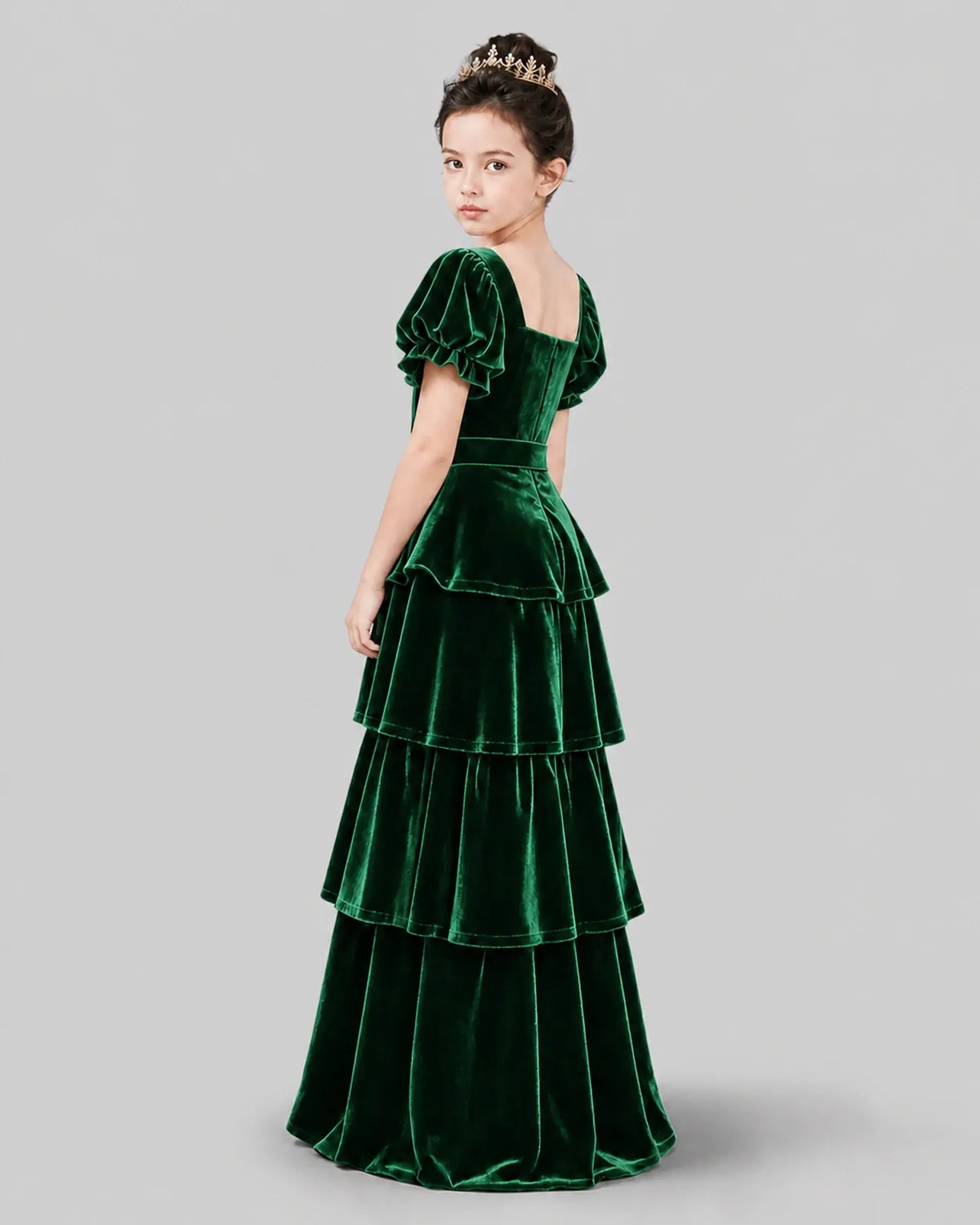 Emerald Green Velvet A-line Girls Formal Dress Back View