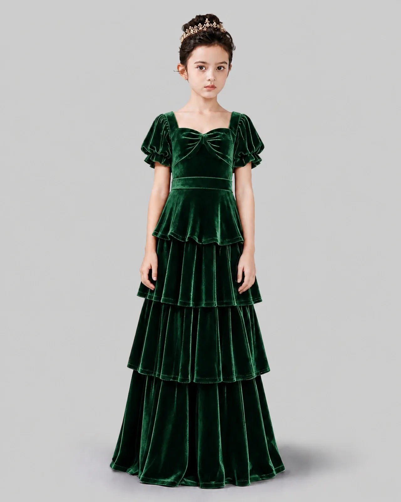 Emerald Green Velvet A-line Girls Formal Dress Front View
