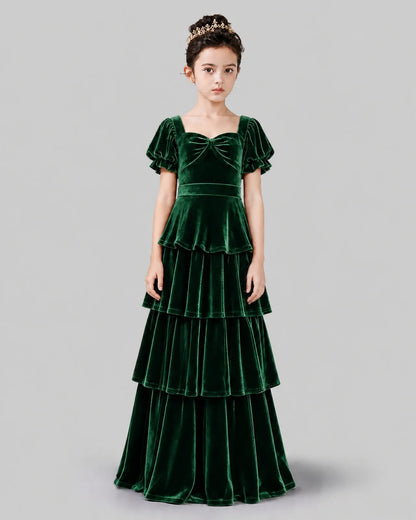Emerald Green Velvet A-line Girls Formal Dress Front View