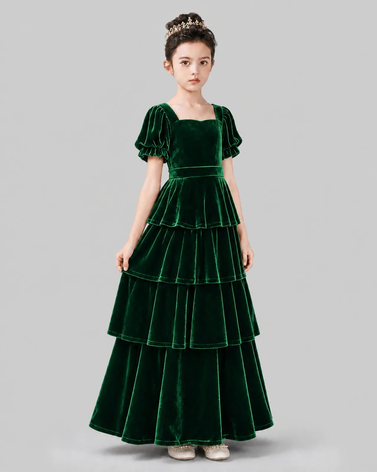 Emerald Green Velvet A-line Girls Formal Dress Side View