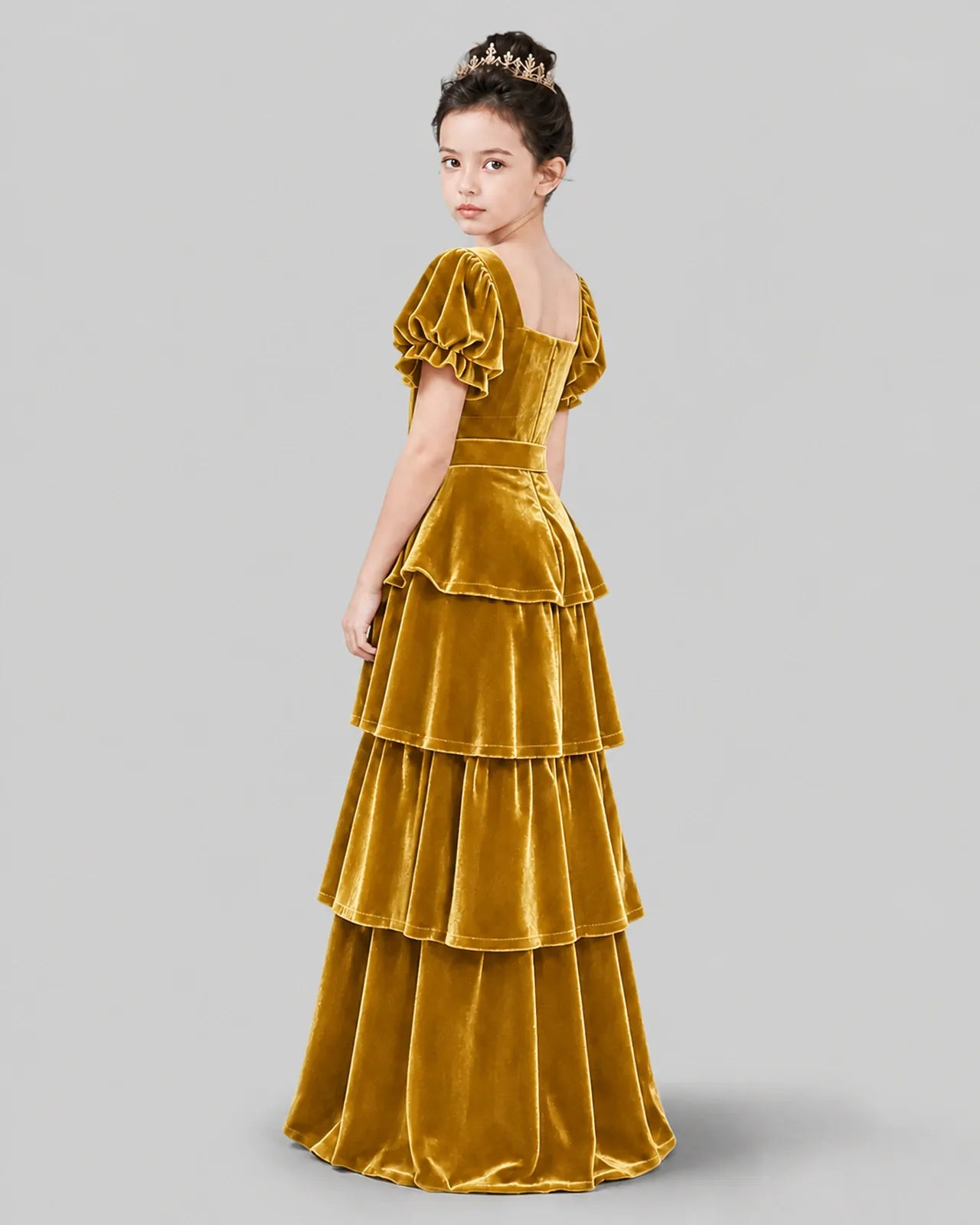 Gold Velvet A-line Girls Formal Dress Back View