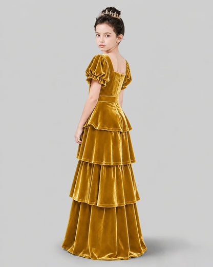 Gold Velvet A-line Girls Formal Dress Back View