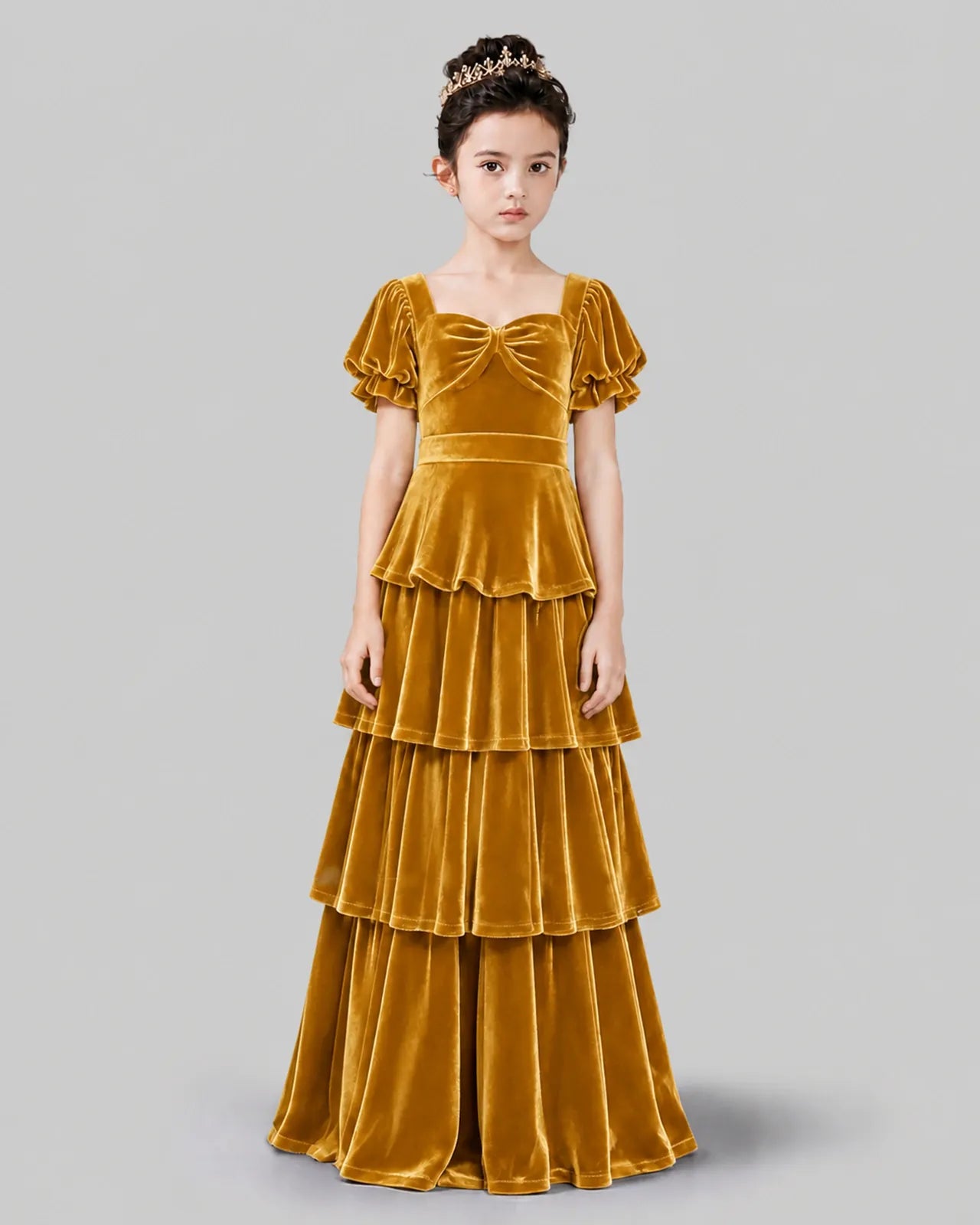 Gold Velvet Tiered Girls Formal Dress Front View