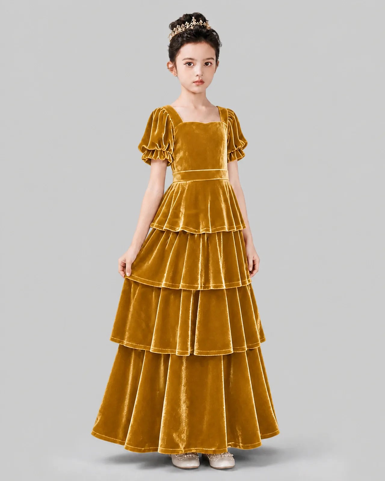 Gold Velvet A-line Girls Formal Dress Side View