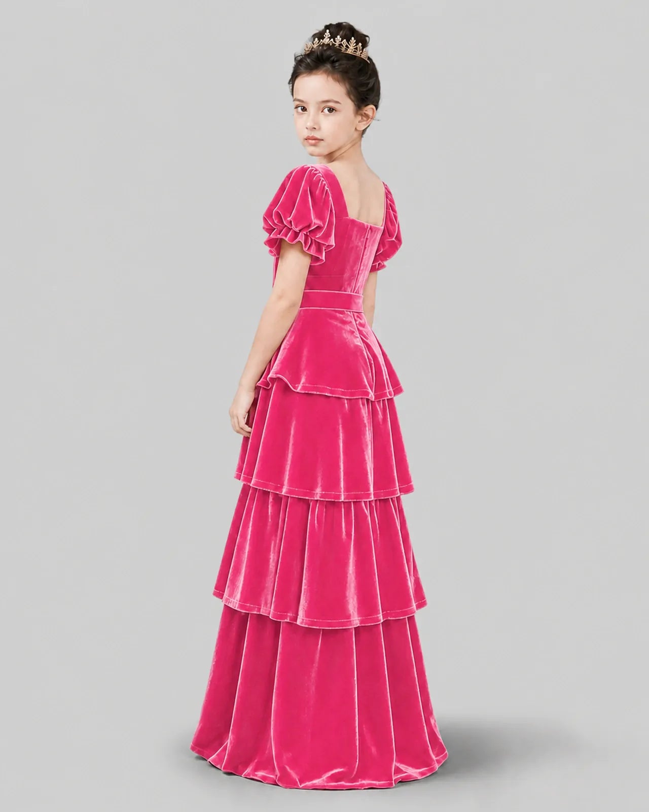 Hot Pink Velvet A-line Girls Formal Dress Back View