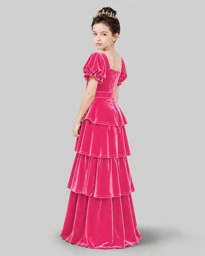 Hot Pink Velvet A-line Girls Formal Dress Back View