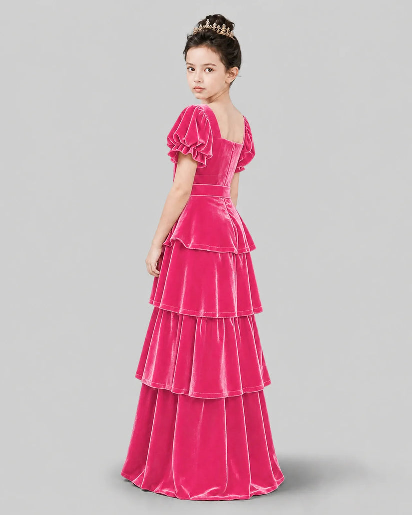 Hot Pink Velvet A-line Girls Formal Dress Back View