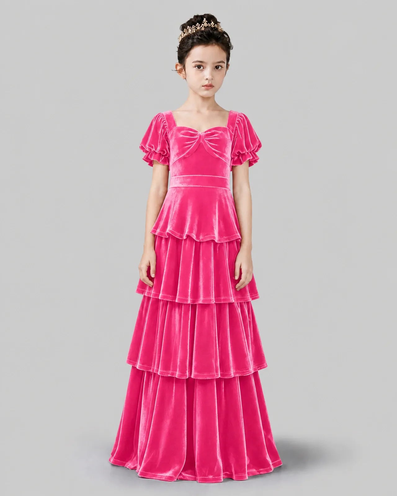 Hot Pink Velvet Tiered A-line Girls Formal Dress Front View
