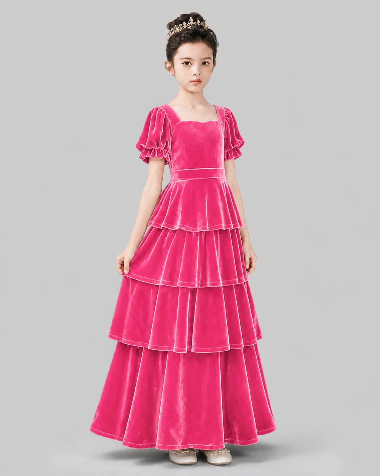 Hot Pink Velvet A-line Girls Formal Dress Side View