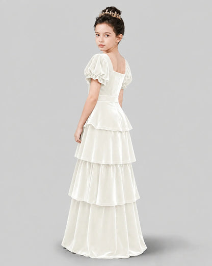 Ivory Velvet A-line Girls Formal Dress Back View