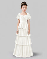 Ivory Velvet Tiered A-line Girls Formal Dress Front View