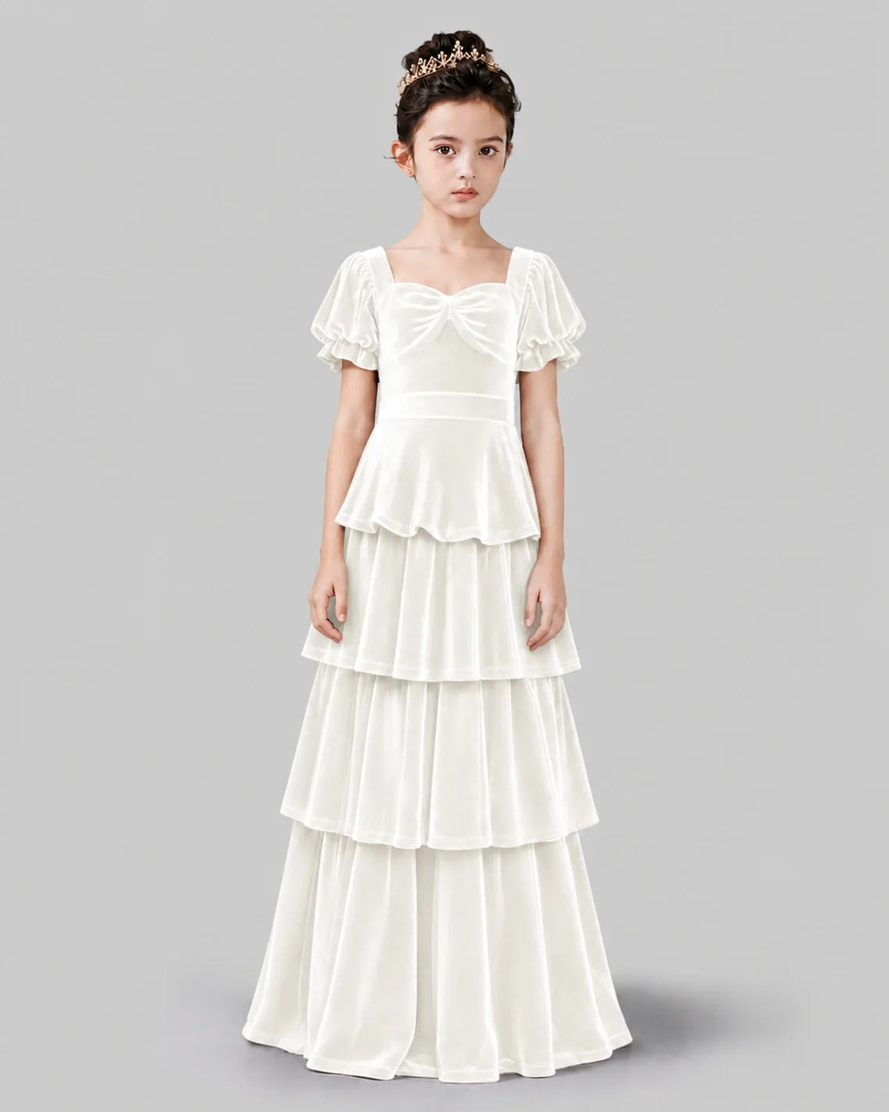 Ivory Velvet Tiered A-line Girls Formal Dress Front View