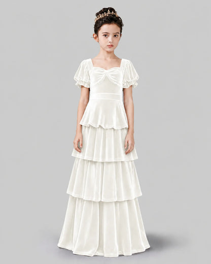 Ivory Velvet Tiered A-line Girls Formal Dress Front View