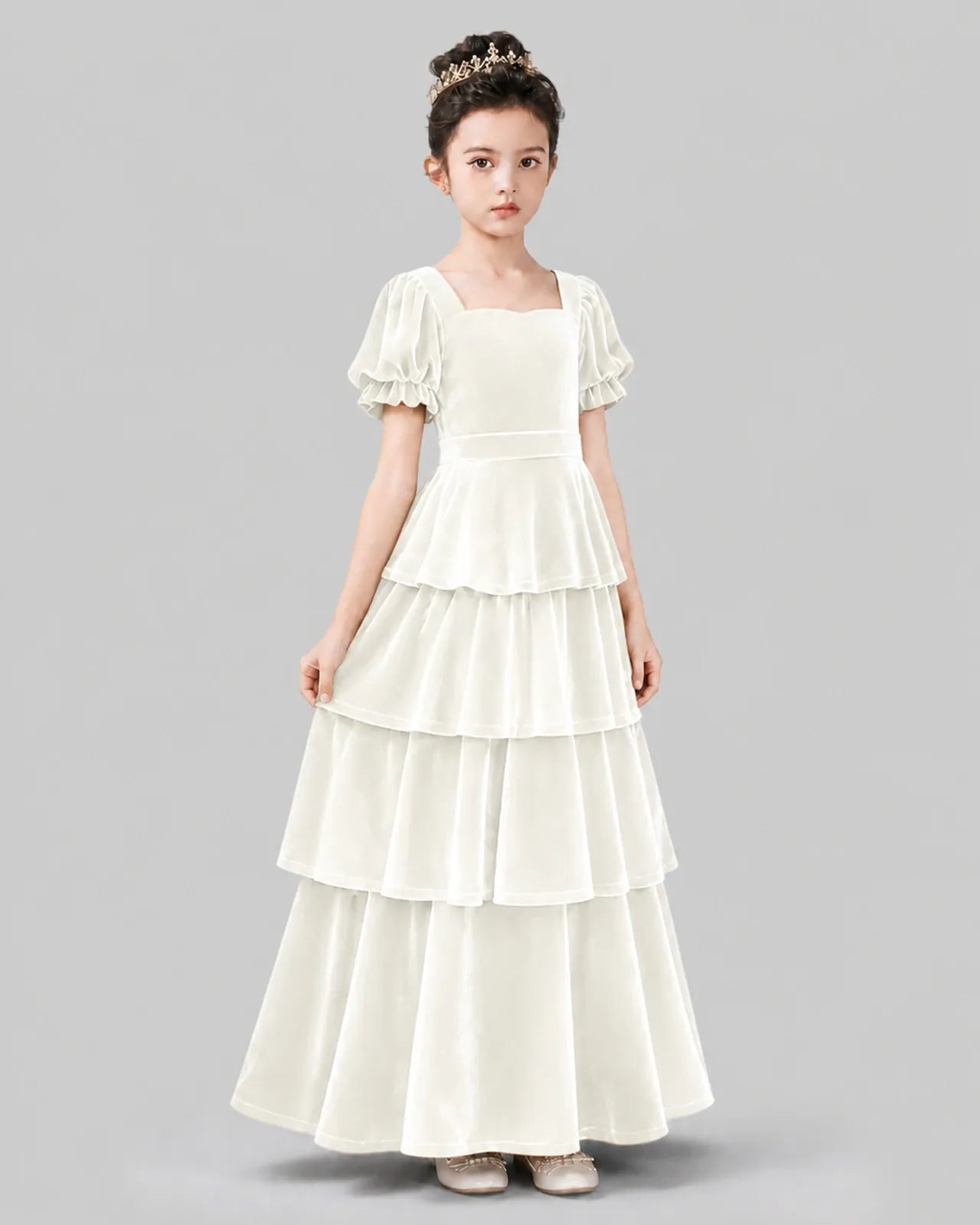 Ivory Velvet Tiered A-line Girls Formal Dress Side View
