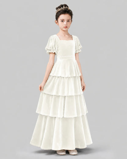 Ivory Velvet Tiered A-line Girls Formal Dress Side View