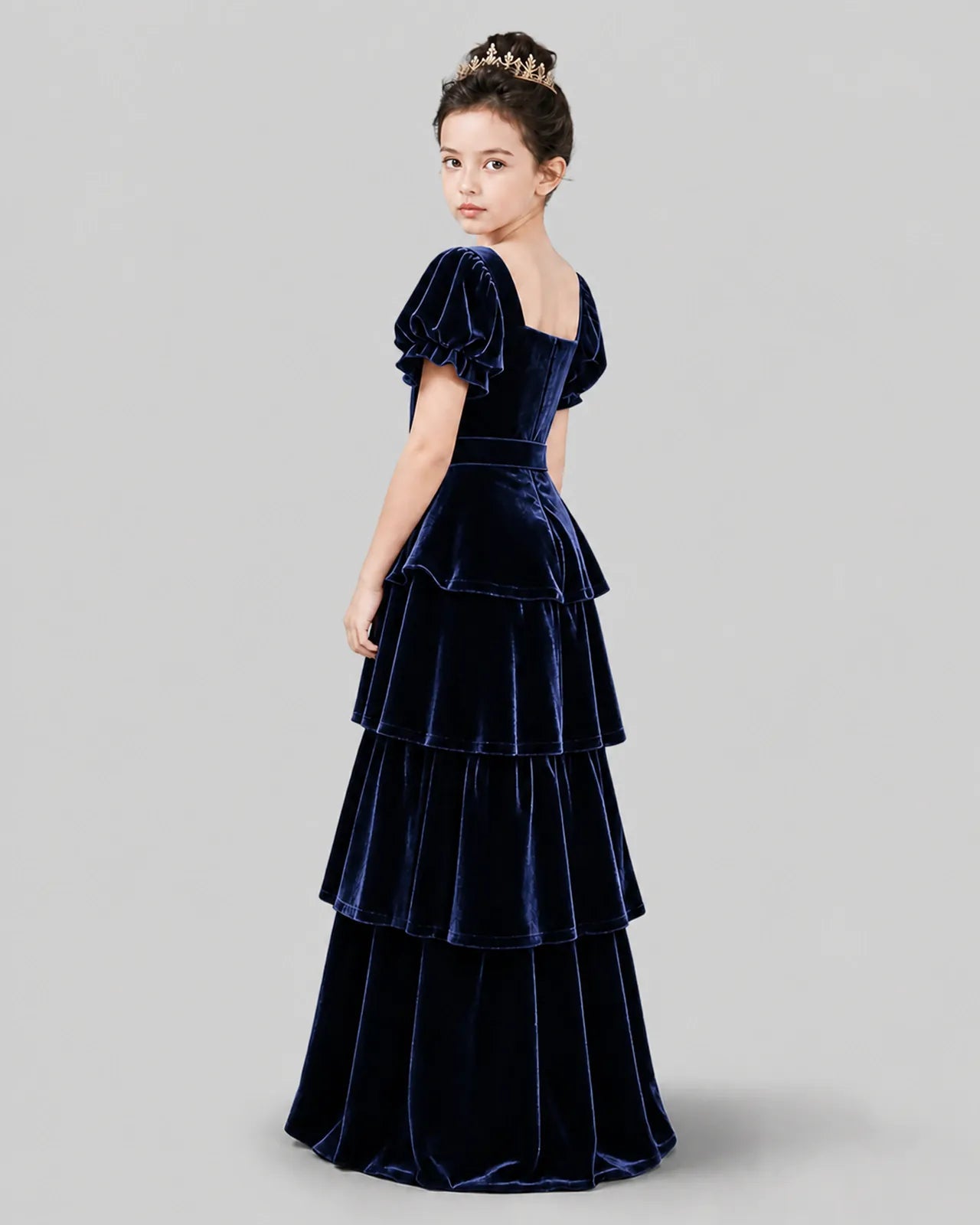 Navy Blue Velvet A-line Girls Formal Dress Back View