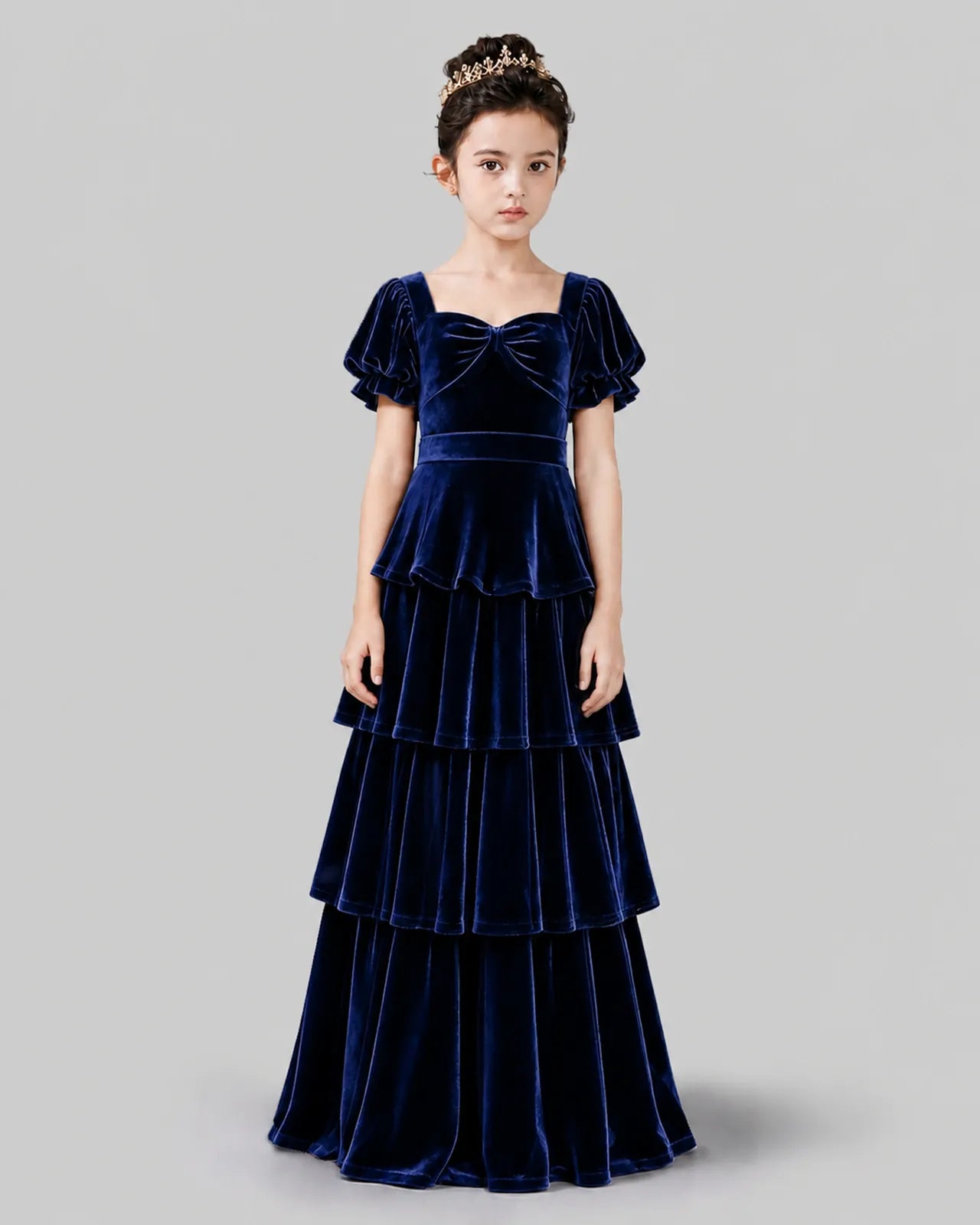 Navy Blue Velvet A-line Girls Formal Dress Front View