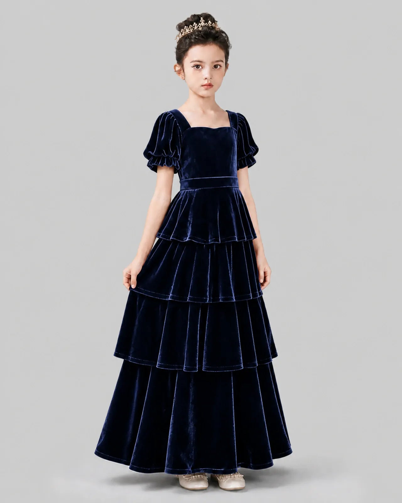 Navy Blue Velvet A-line Girls Formal Dress Side View