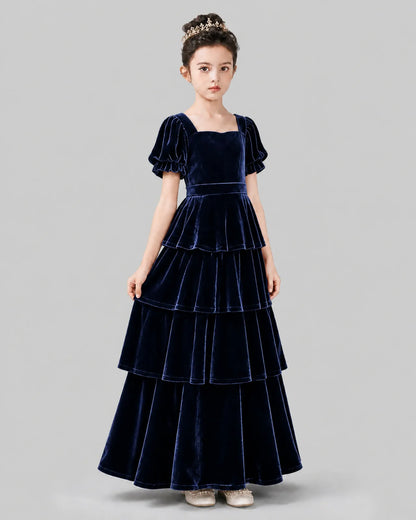 Navy Blue Velvet A-line Girls Formal Dress Side View