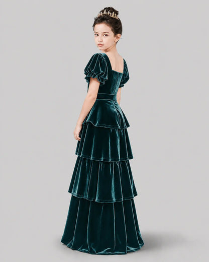 Peacock Velvet A-line Girls Formal Dress Back View