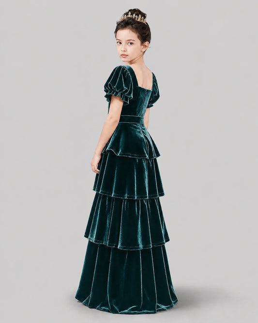 Peacock Velvet A-line Girls Formal Dress Back View
