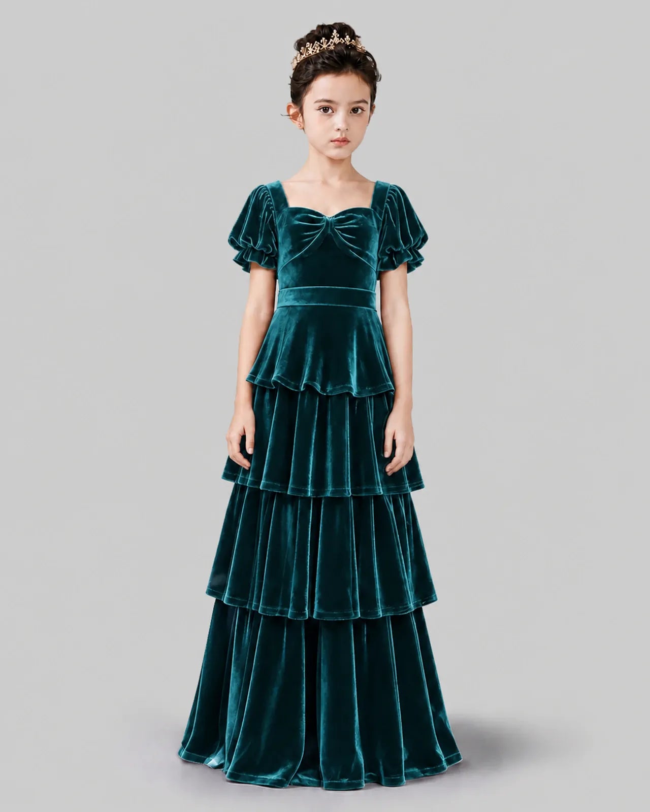 Peacock Velvet A-line Girls Formal Dress Front View