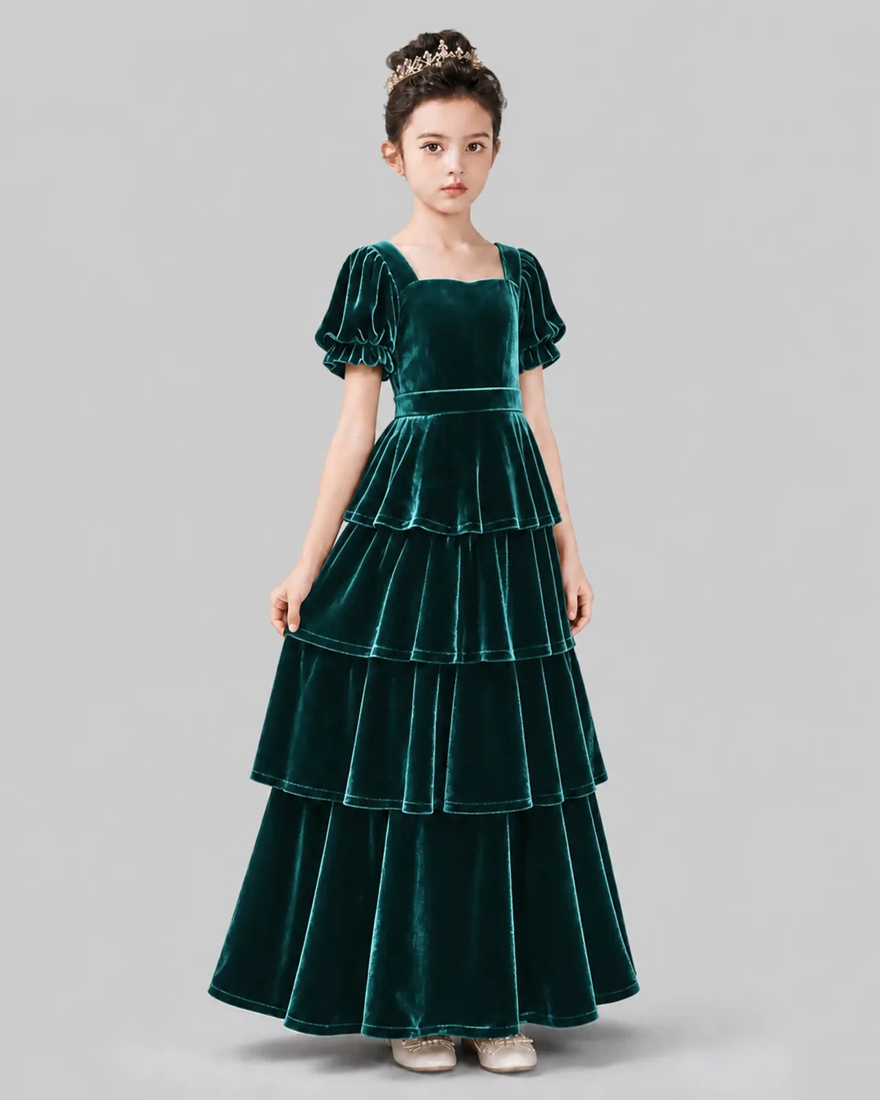 Peacock Velvet Tiered A-line Girls Formal Dress Side View
