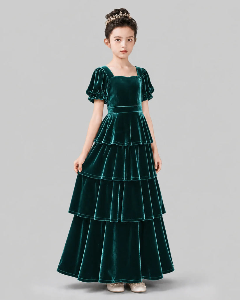 Peacock Velvet Tiered A-line Girls Formal Dress Side View