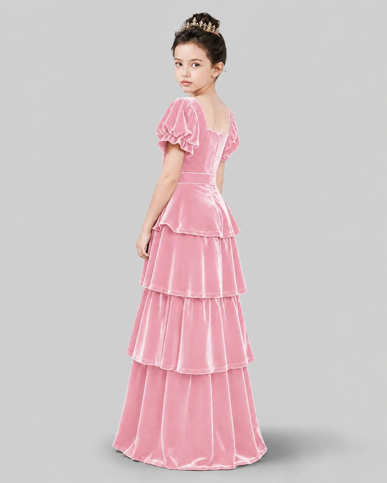 Pink Velvet Tiered A-line Girls Formal Dress Back View
