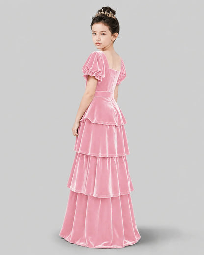 Pink Velvet Tiered A-line Girls Formal Dress Back View