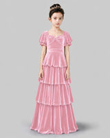 Pink Velvet Tiered Girls Formal Dress Front View