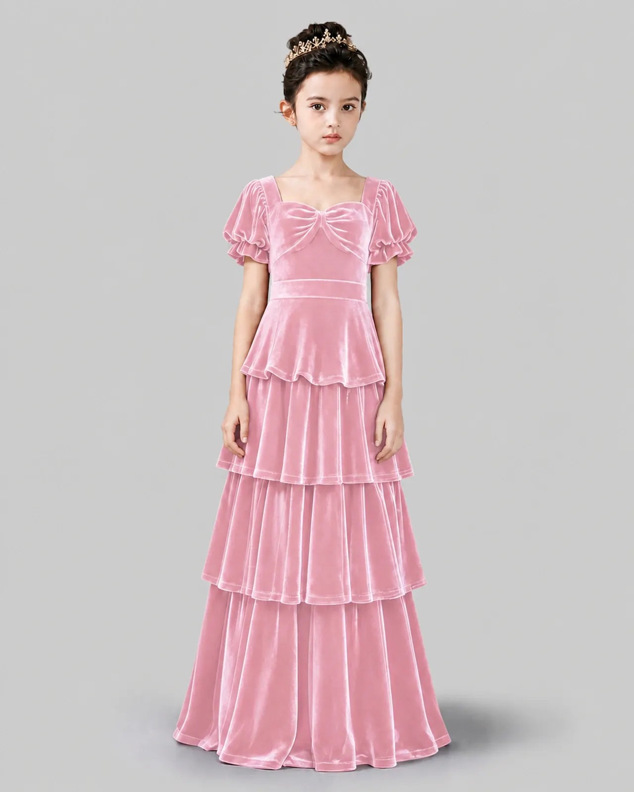 Pink Velvet Tiered Girls Formal Dress Front View