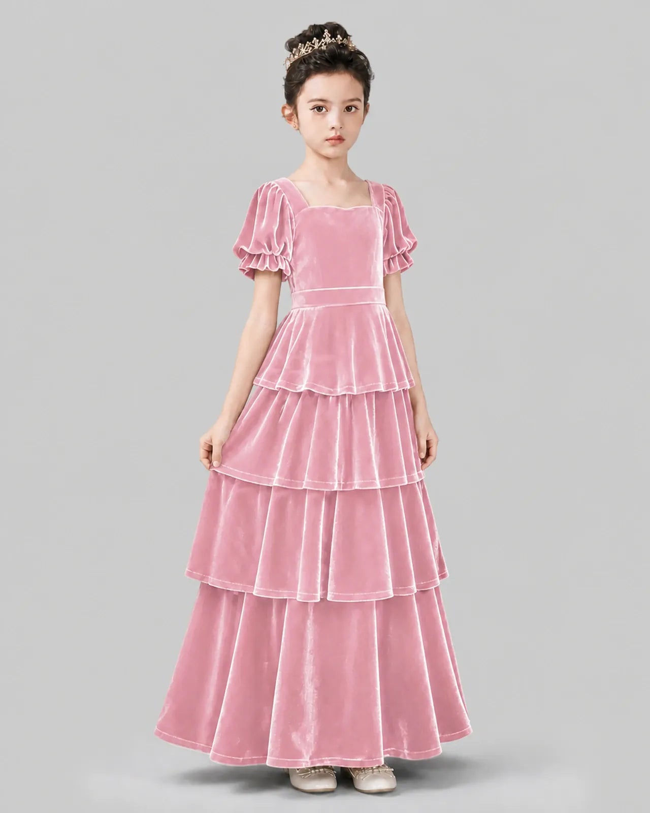 Pink Velvet A-line Girls Formal Dress Side View