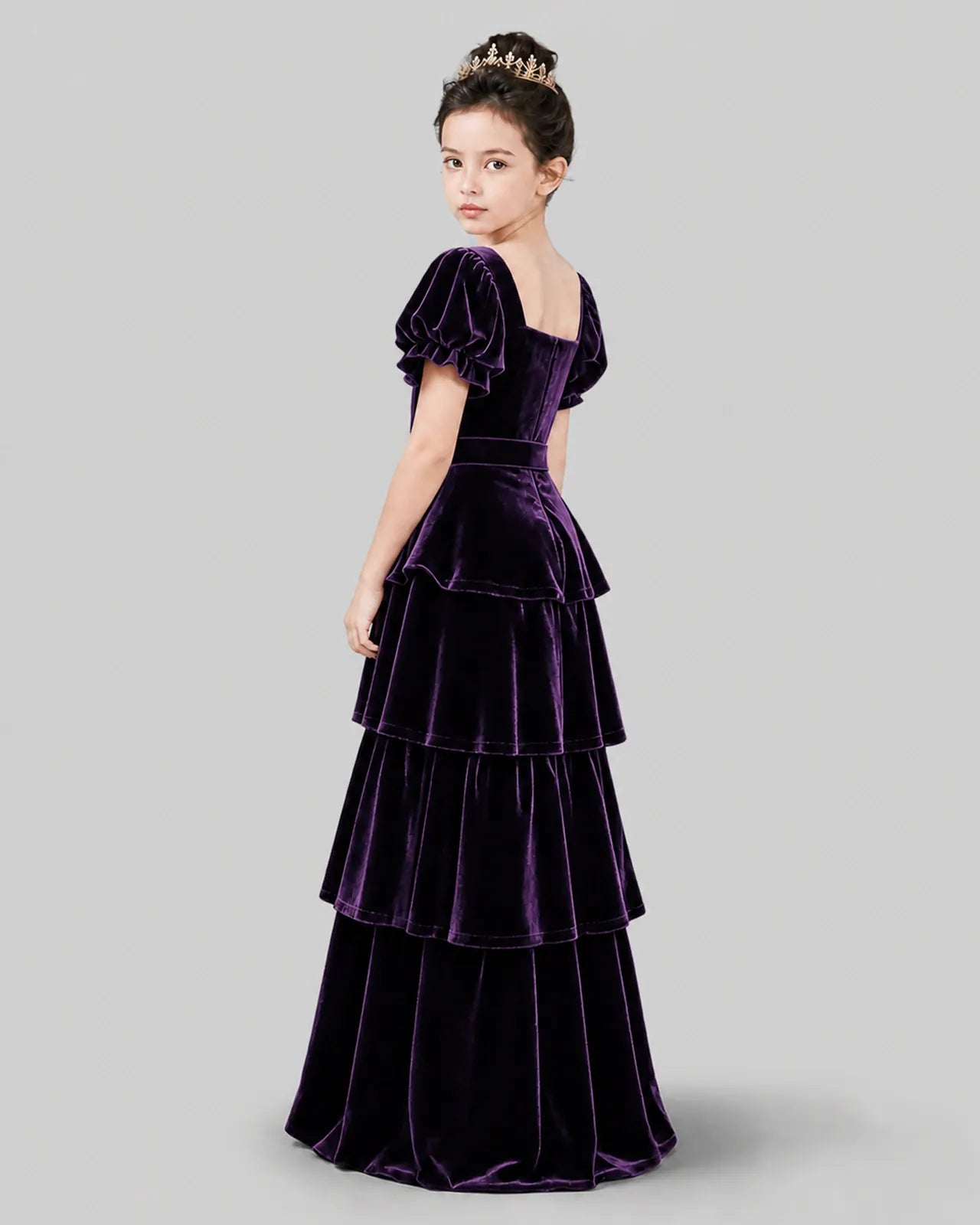 Purple Velvet Tiered A-line Girls Formal Dress Back View