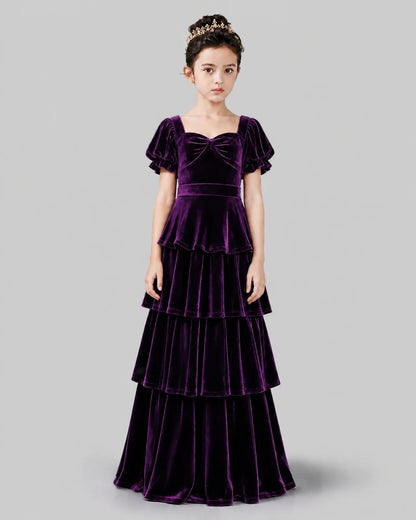 Purple Velvet Tiered A-line Girls Formal Dress Front View