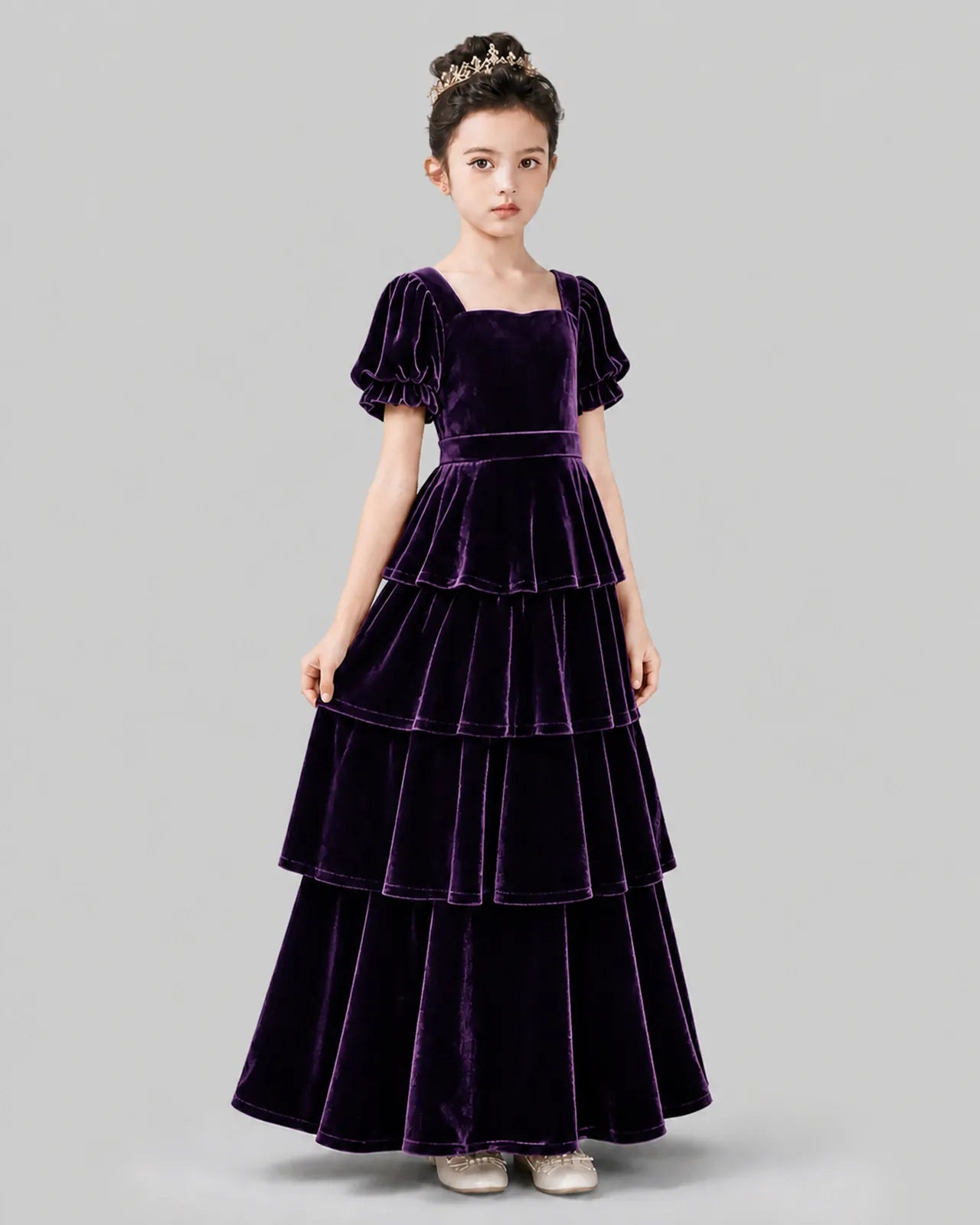 Purple Velvet A-line Girls Formal Dress Side View