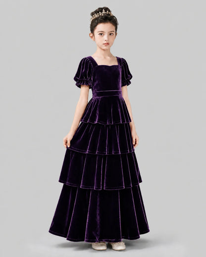 Purple Velvet A-line Girls Formal Dress Side View
