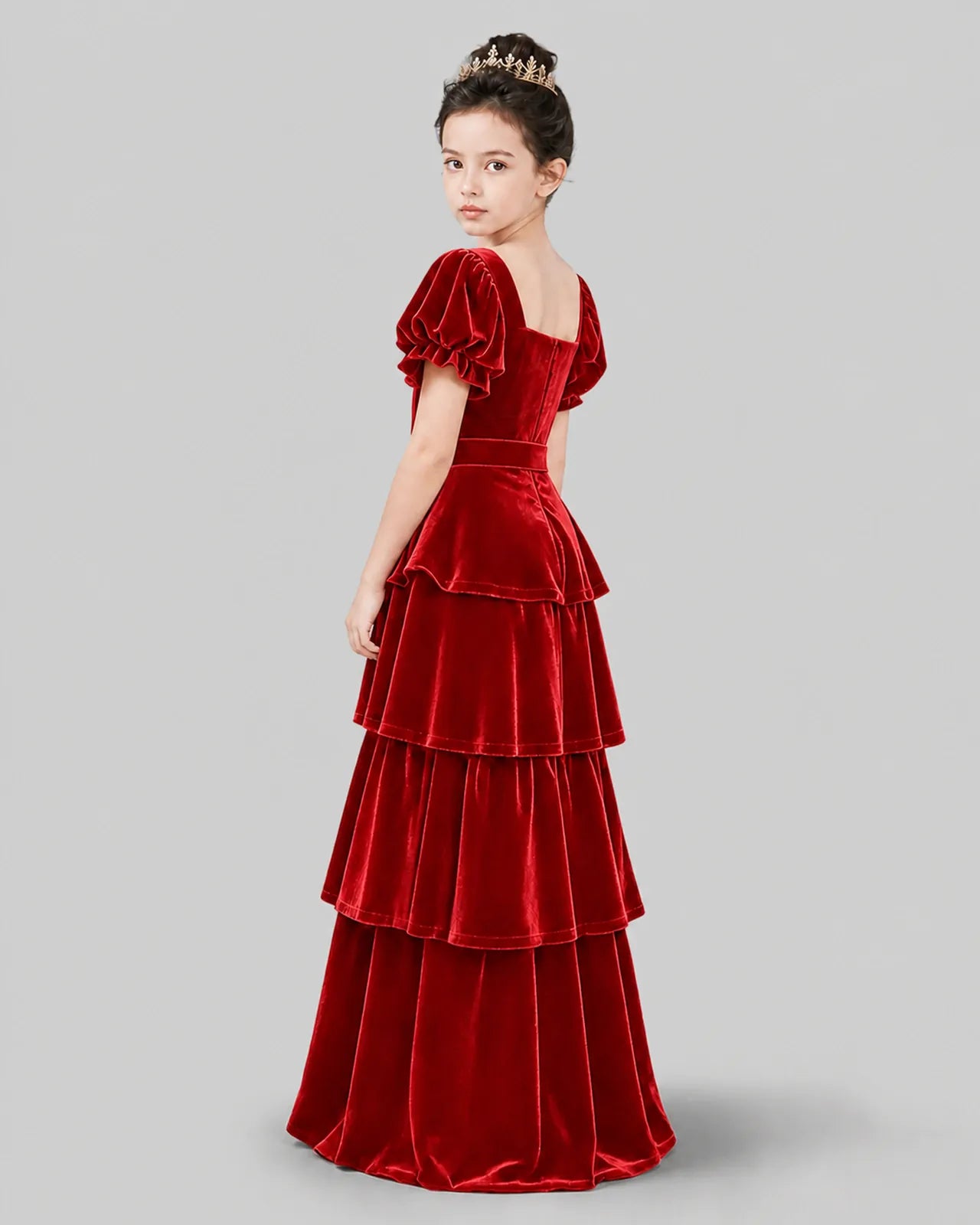 Red Velvet A-line Girls Formal Dress Back View