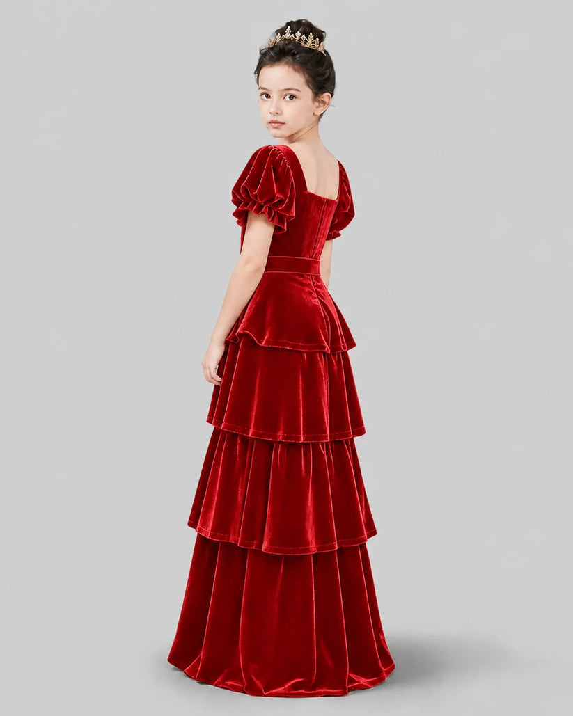 Red Velvet A-line Girls Formal Dress Back View