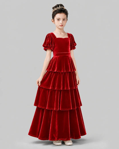 Red Velvet A-line Girls Formal Dress Side View