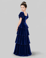 Royal Blue Velvet A-line Girls Formal Dress Back View