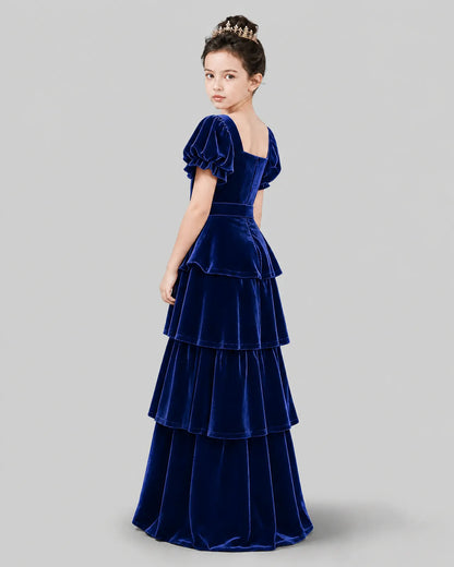Royal Blue Velvet A-line Girls Formal Dress Back View
