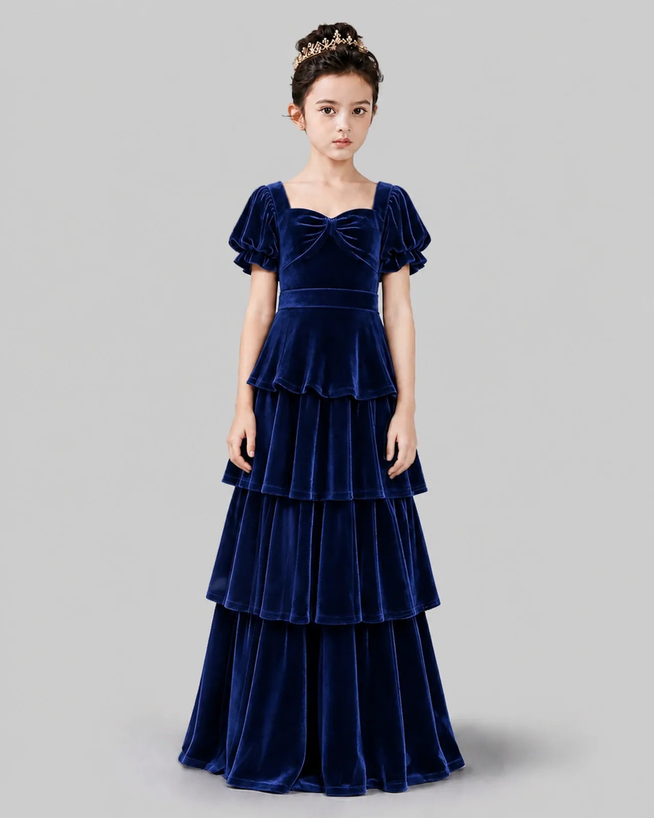 Royal Blue Velvet A-line Girls Formal Dress Front View
