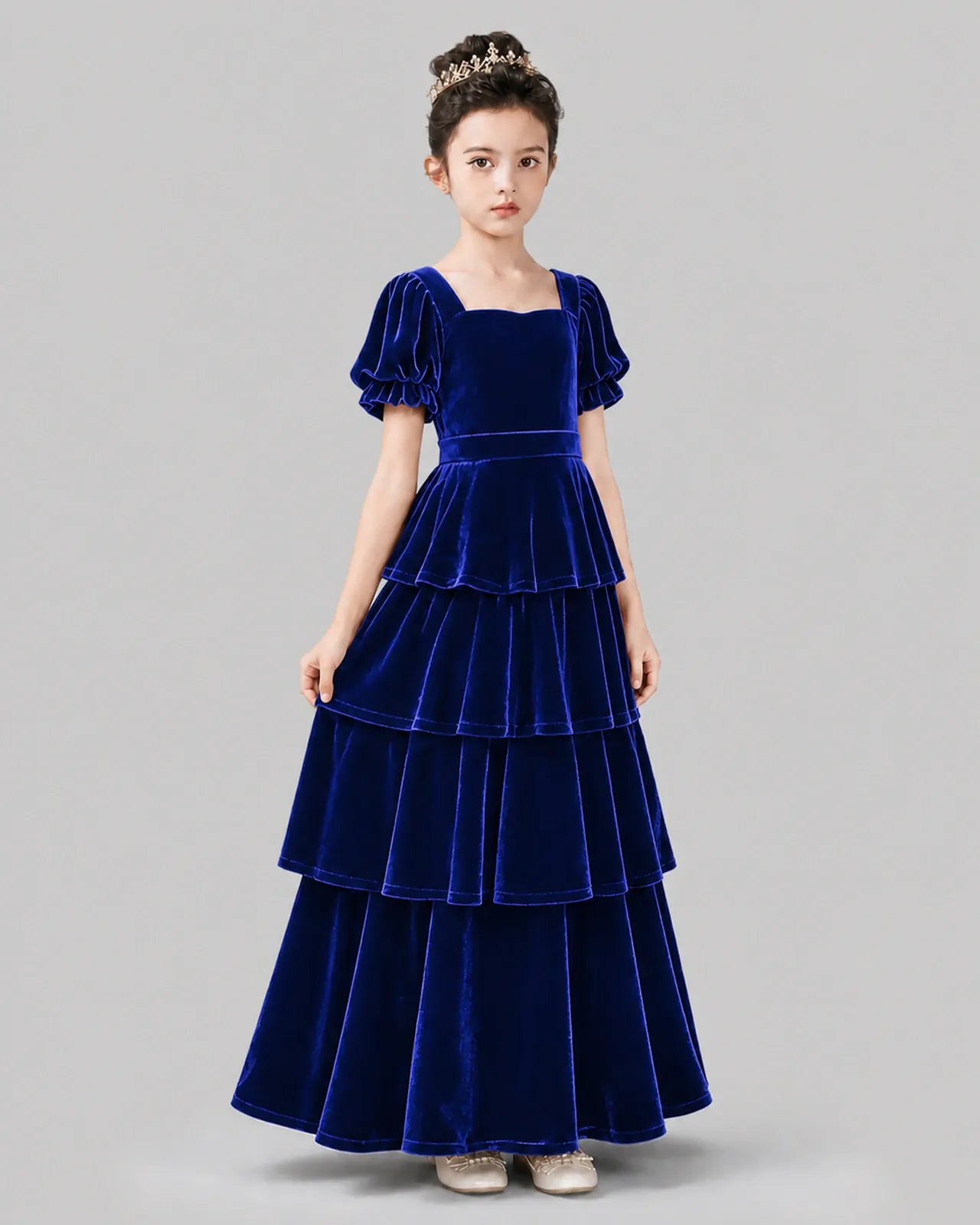 Royal Blue Velvet A-line Girls Formal Dress Side View