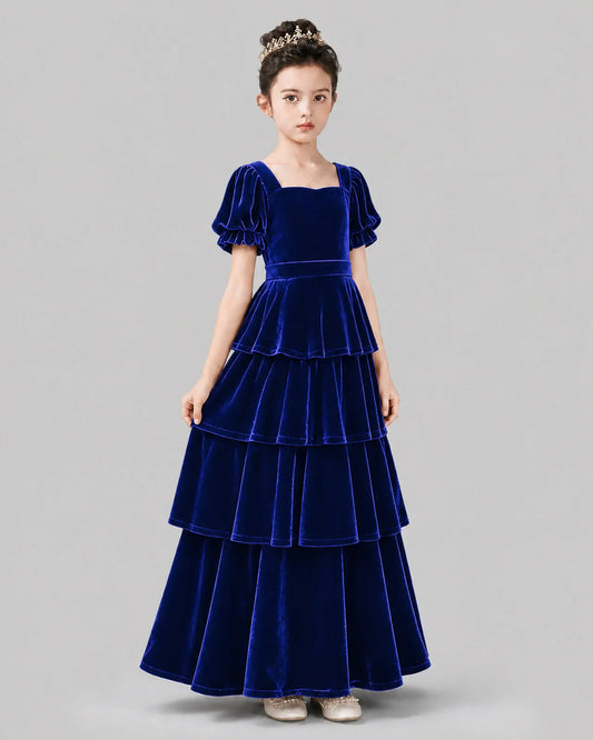 Royal Blue Velvet A-line Girls Formal Dress Side View