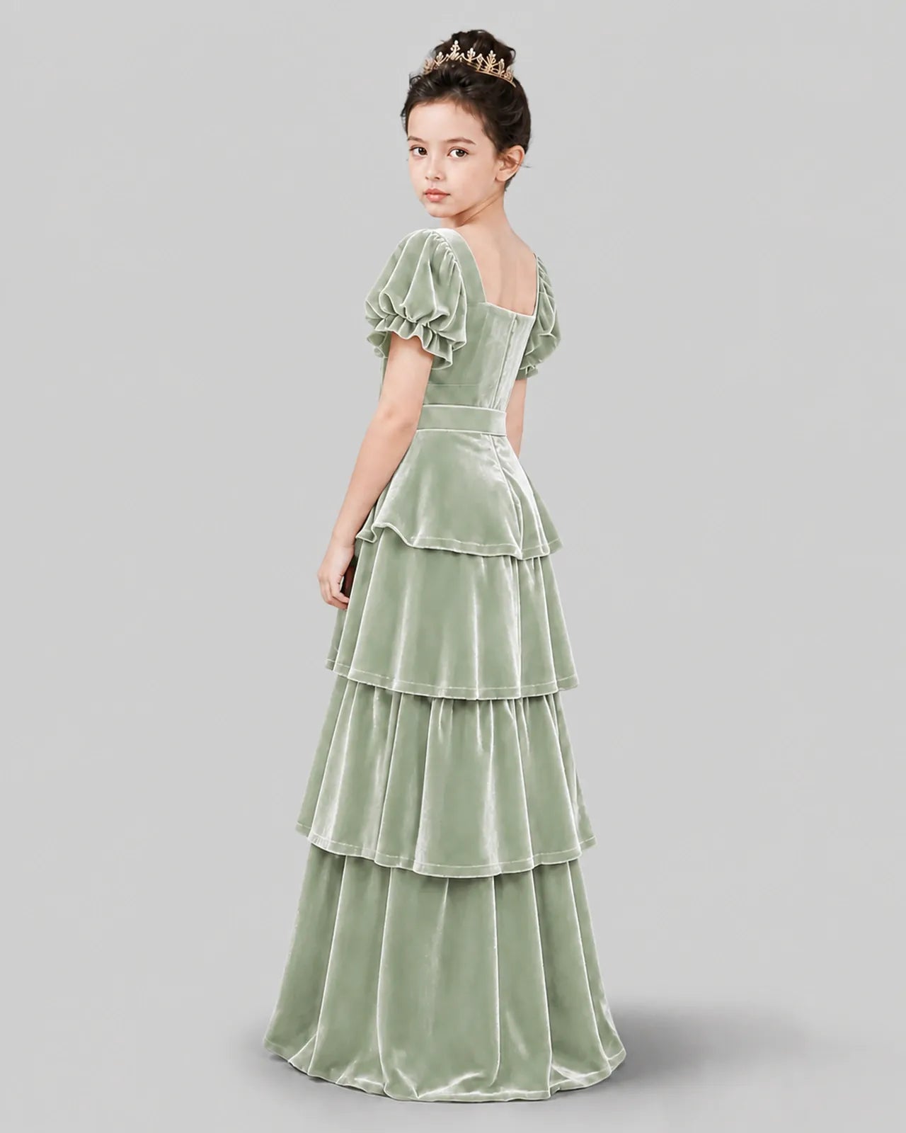 Sage Green Velvet A-line Girls Formal Dress Back View