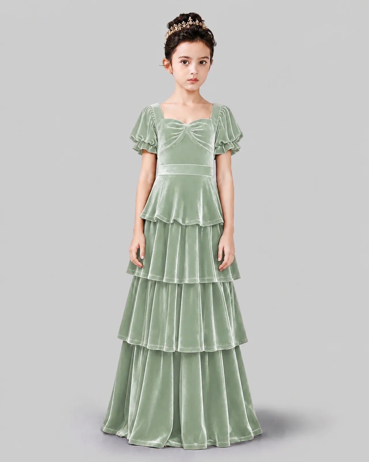 Sage Green Velvet A-line Girls Formal Dress Front View