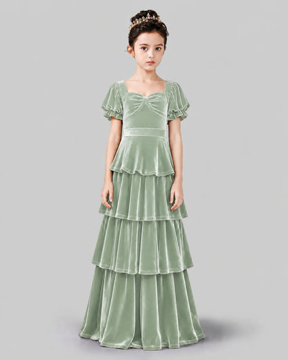 Sage Green Velvet A-line Girls Formal Dress Front View